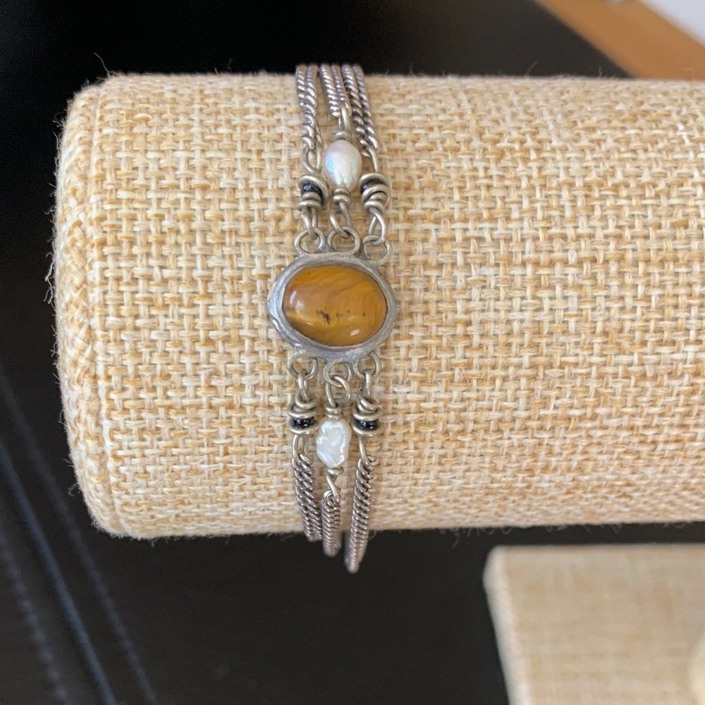 Vintage Greek Multi-Chain Bracelet with Amber White pearlescent Beads